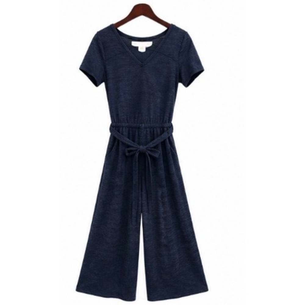 T by Talbots Jumpsuit Womens Medium Navy Blue EUC Wide Leg Cropped V-Neck Knit
